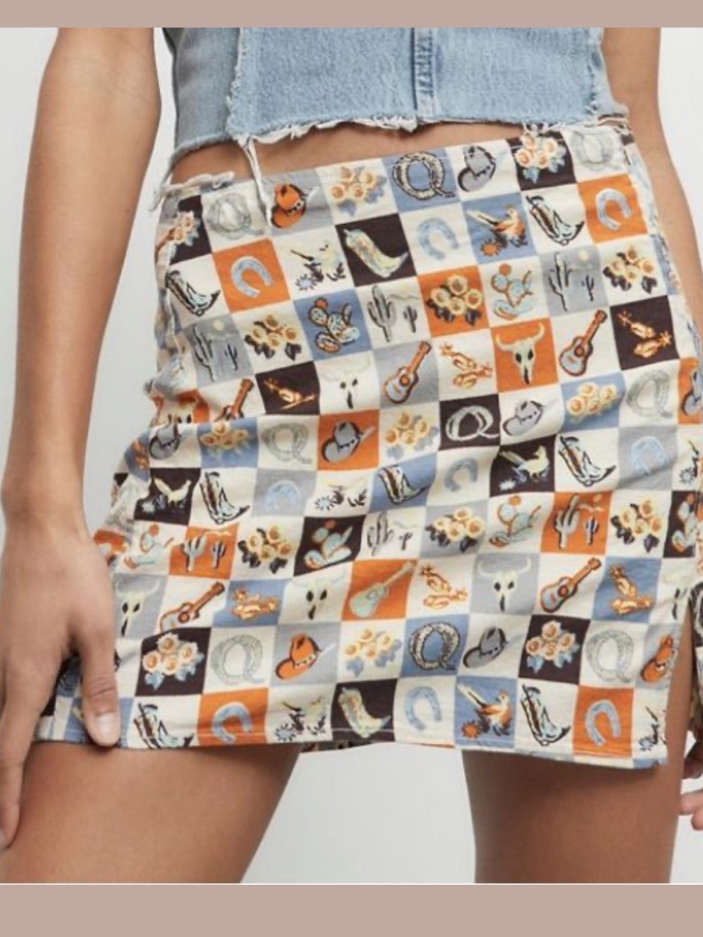 Urban Outfitters Orange and Blue Western Patch Mini Skirt